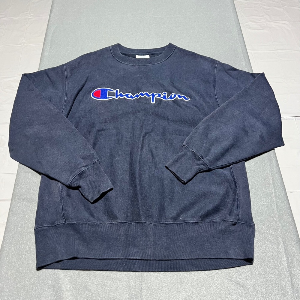 Champion Reverse Weave Navy Blue Script Logo Pullover Sweatshirt GF70 Mens L